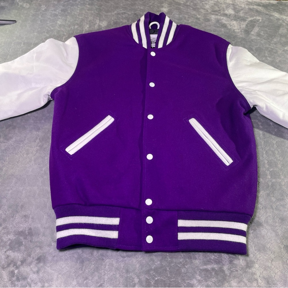 Purple Wool Body & White Faux Leather Sleeves Letterman Jacket small